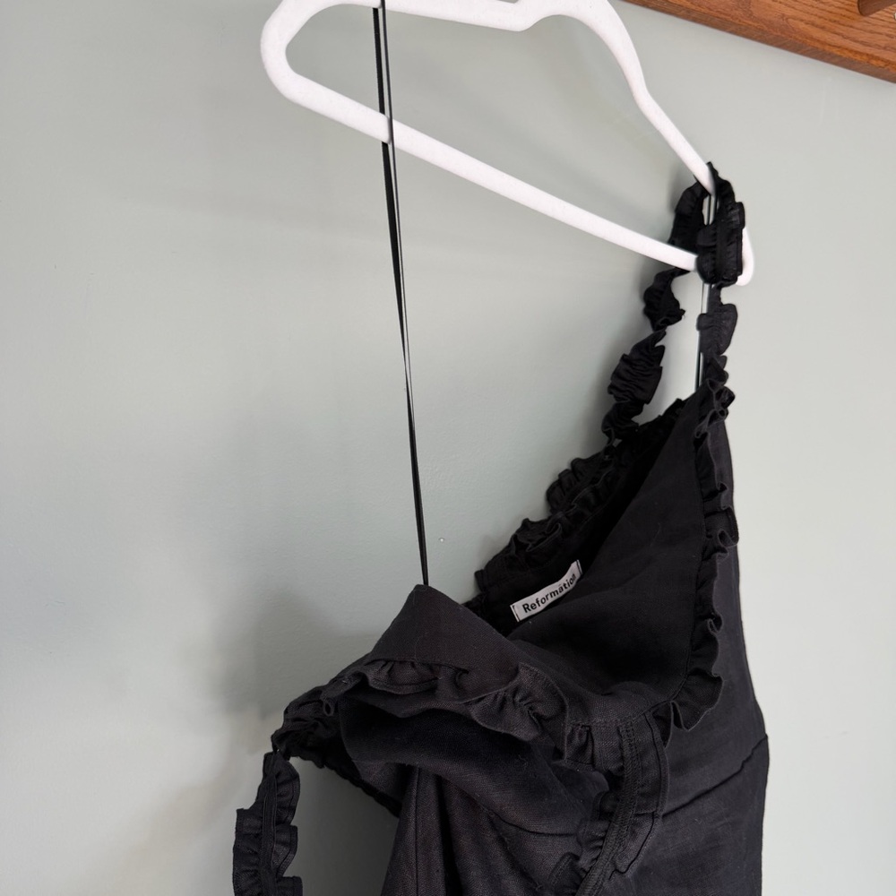 Reformation "Hyla" 100% Linen Black Sleeveless Ruffle-Trim Tiered Midi Dress - Picture 10 of 14